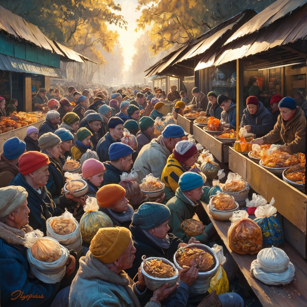 People standing in line for food